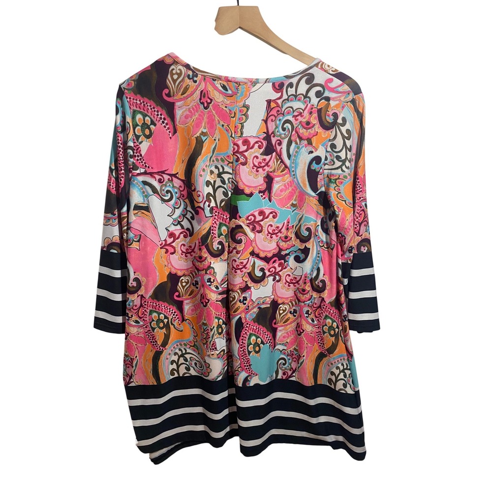 Mely New York Tunic Top Women Medium Multi Color Excellent Paisley Striped 3/4 - Picture 2 of 11